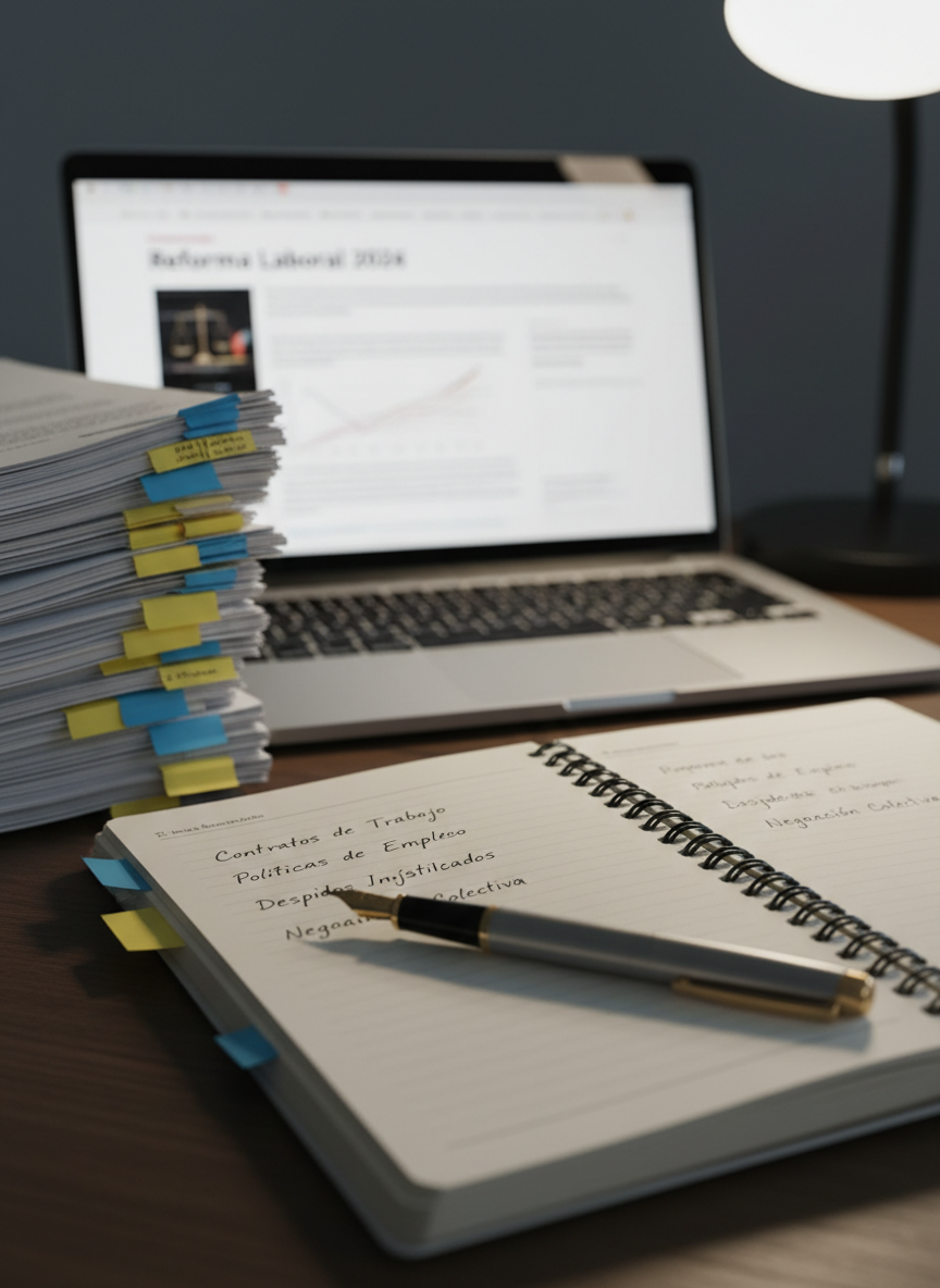 A close-up of a well-organized lawyer’s workspace focused on an open notebook filled with neatly handwritten headings like “Contratos de Trabajo” and “Políticas de Empleo,” beside a stack of annotated printed court decisions marked with yellow and blue sticky tabs. A slim, brushed-metal fountain pen lies diagonally across the margin, and a laptop sits slightly out of focus in the background displaying a labor law article. Soft, cool-toned indoor lighting from a desk lamp on the right creates clean, controlled illumination, with subtle reflections on the pen and notebook spiral. Captured from a slightly elevated angle in photographic realism, the composition uses rule of thirds, emphasizing clarity, precision, and a professional, analytical mood suitable for a specialized labor law blog.
