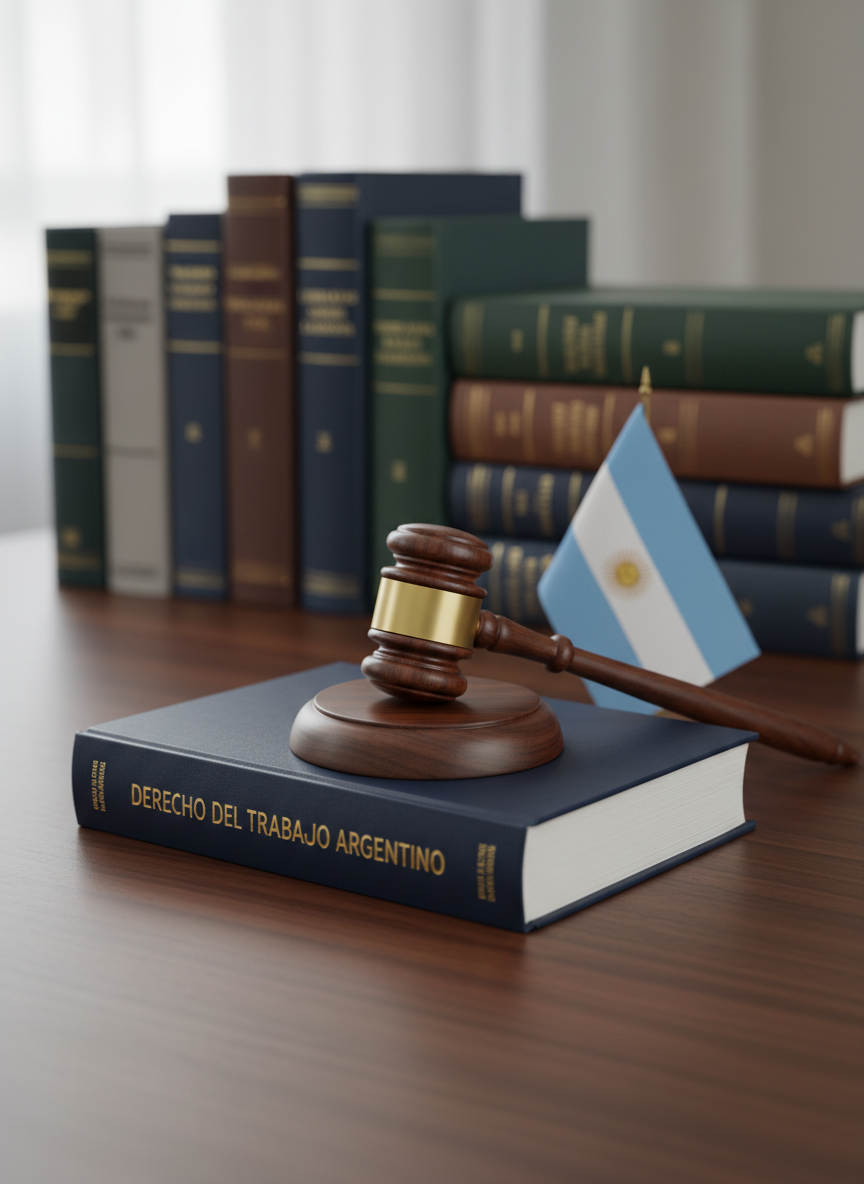 A meticulously arranged wooden judge’s gavel resting on a thick, navy-blue hardcover volume titled “Derecho del Trabajo Argentino,” placed on a dark walnut desk with a subtle satin finish. Behind it, neat vertical stacks of labor law codes and employment policy reports form a structured backdrop, with a small Argentine flag folded on the side of the frame. Soft, diffused daylight from an unseen window to the left creates gentle highlights along the gavel’s polished grain and the embossed gold lettering of the book, casting calm, precise shadows. Photographic realism at eye-level, with a shallow depth of field that keeps the gavel and title in crisp focus while the books blur into a professional, orderly atmosphere, conveying seriousness, expertise, and thoughtful legal analysis.