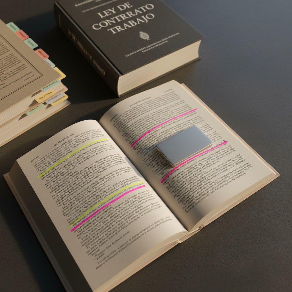 An open, well-thumbed copy of the Argentine Constitution and a thick “Ley de Contrato de Trabajo” volume arranged on a dark graphite-colored table, their pages held open with a simple, matte silver paperweight. Yellow and pink highlighter marks underline articles about worker protections and rights. To the side, a bound collection of doctrinal labor law essays is partially visible, with labeled tabs protruding. Warm, indirect afternoon light from the right casts soft shadows into the page creases, revealing subtle texture in the paper fibers. Photographic realism at a slight diagonal angle, with moderate depth of field to keep the central text legible while the periphery gently softens, creating a studious, reflective, and authoritative mood ideal for doctrinal commentary on labor law.