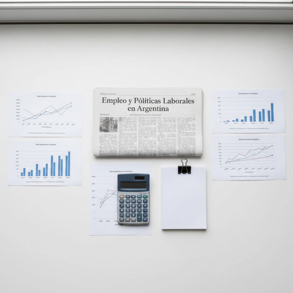 A folded broadsheet newspaper spread across a minimalist white desk, with the prominent headline “Empleo y Políticas Laborales en Argentina” printed in bold Spanish text. Around it lie neatly arranged printed economic graphs showing unemployment trends, a muted blue calculator with worn keys, and a slim stack of policy briefs secured with a black binder clip. Natural overcast window light from above bathes the scene evenly, reducing harsh contrast and emphasizing the crisp textures of paper and ink. Photographic realism, shot from a top-down, bird’s-eye view with sharp focus across the frame, creates a calm yet serious atmosphere, communicating data-driven legal and economic analysis of labor markets and employment policy.